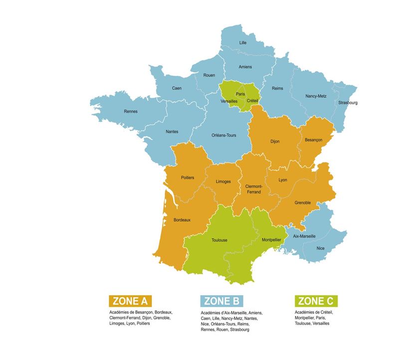 La carte des zones scolaires en France